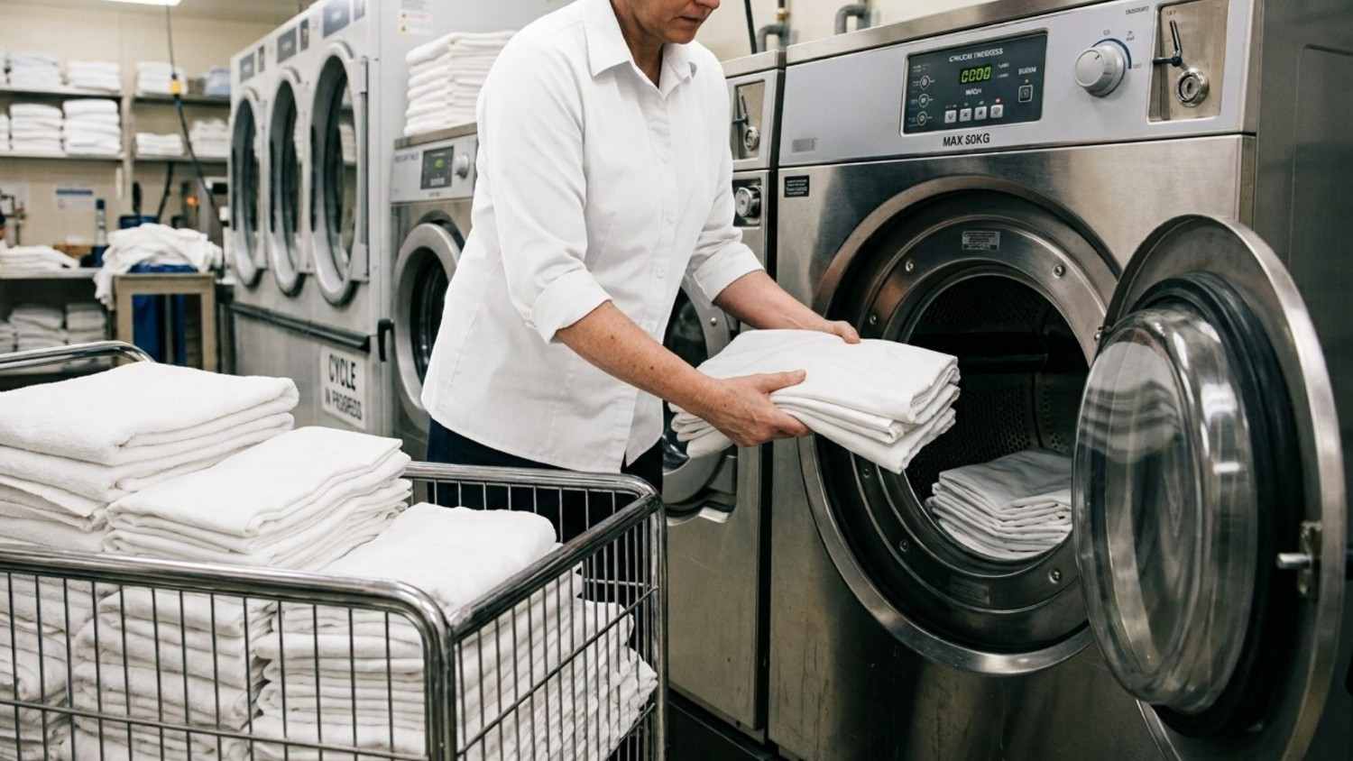 Staff managing linen workflow.