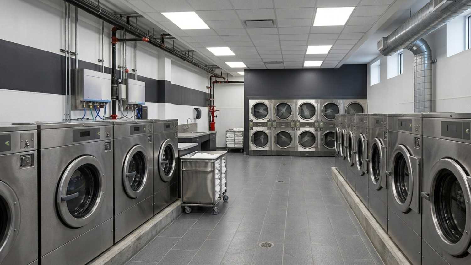 Commercial laundry equipment for hotels arranged in a spacious facility with utility lines and ventilation.