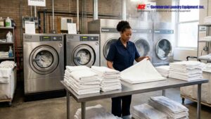 Hotel laundry worker folding white linens beside commercial washers and dryers.