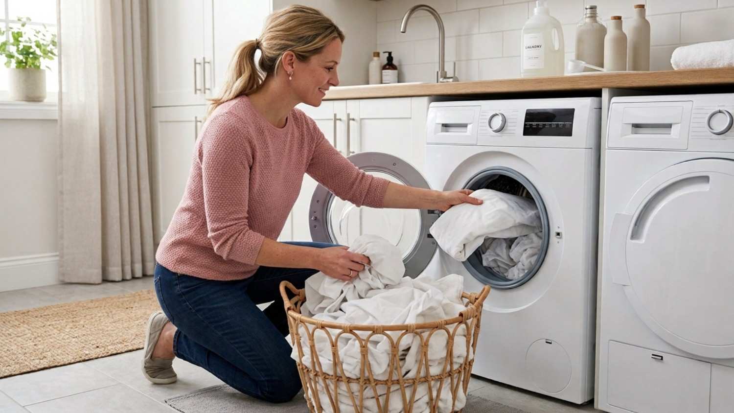 Commercial laundry machines with baskets of clean towels, folded linens and a detergent bottle.