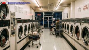 Rows of front-loading commercial laundry equipment inside an operating laundromat.