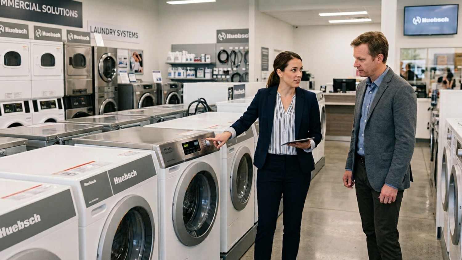 Consultant explaining commercial washing machines to a customer.