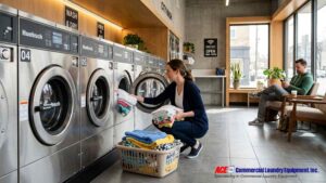 Customers using high-capacity commercial laundry machines inside a clean modern laundromat.