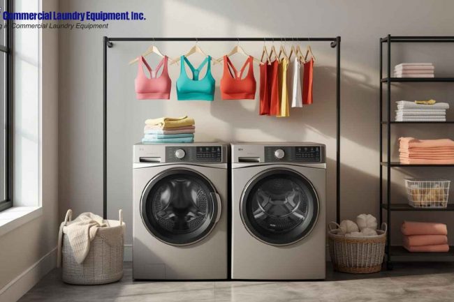 Professional gym laundry setup with commercial washers, dryers, organized towels, and athletic wear.